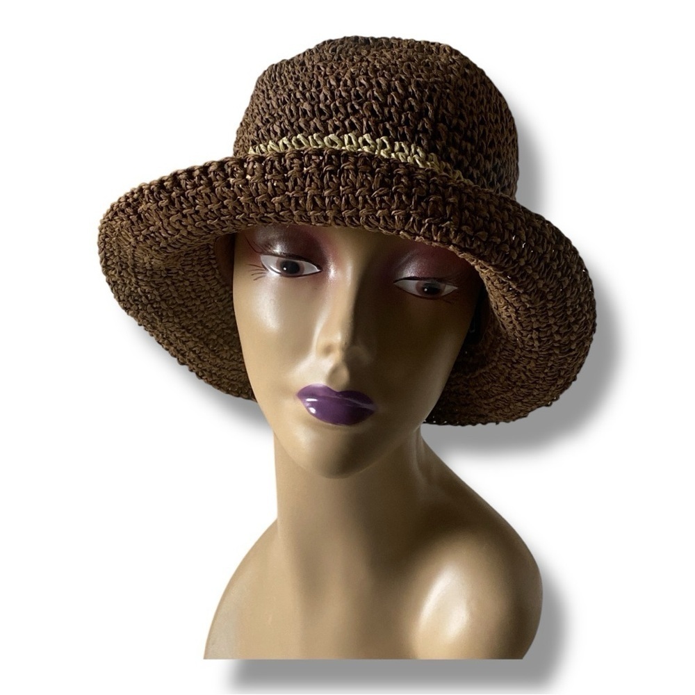 D & Y Woven Crochet Straw Bucket Sun Hat Neutral Brown/Tan/Sage Women's OSFM